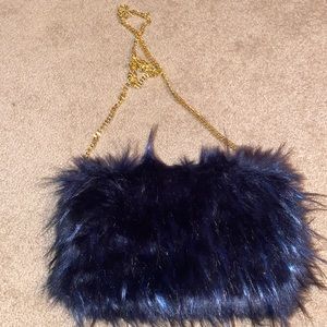 Nordstrom Natasha couture furry navy crossbody bag with gold chain